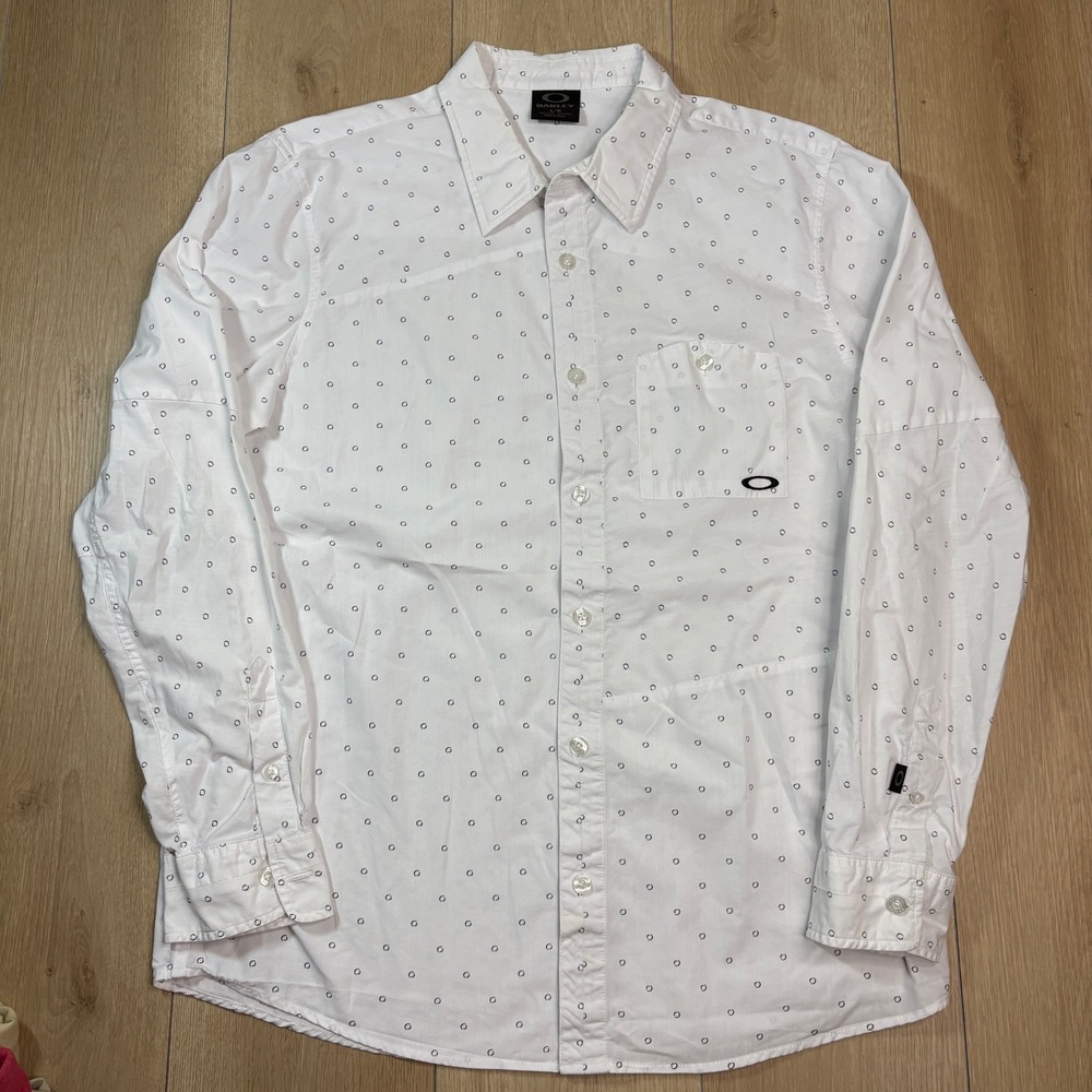 Oakley Hydrolix Men Large Long Sleeve Button Down Shirt White Black Circle Print